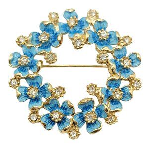 Kramer of NY Vintage Goldtone Blue Enamel Clear Rhinestone Dogwood Flower Brooch